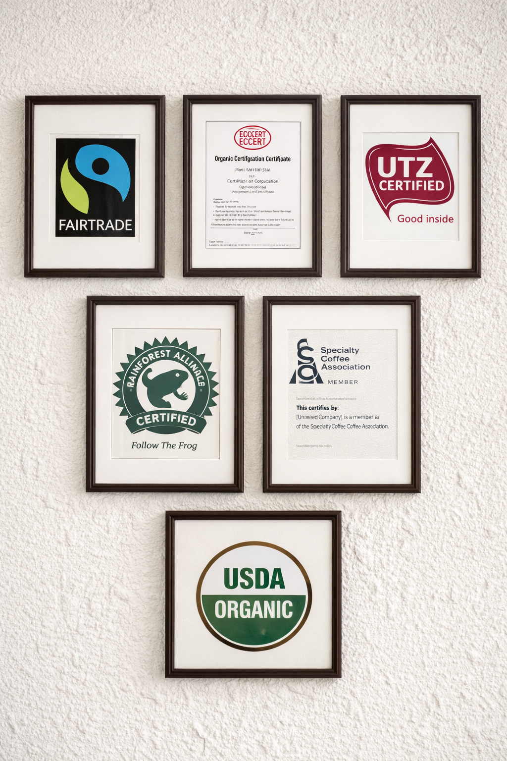Certificados y reconocimientos desenfocados en marcos de madera colgados en la pared